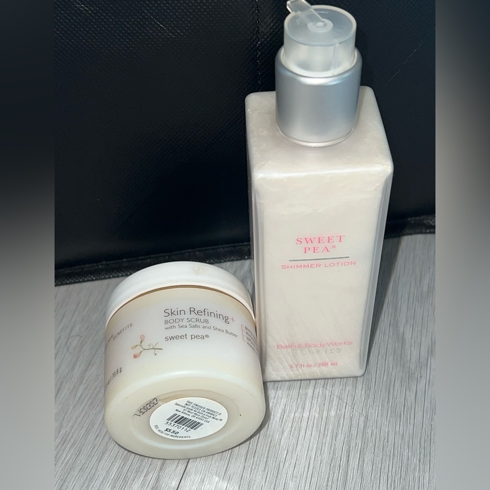 Bath & Body Works Sweet Pea Shimmer Lotion 6.7oz + Body Scrub Discontinued